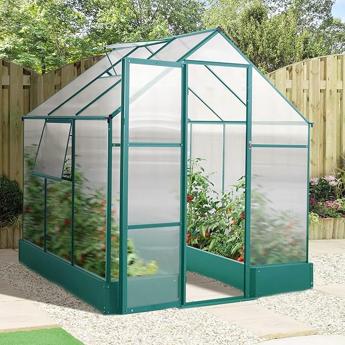 6'x 6' Polycarbonate Greenhouse with Waterproof and Lockable DoorLarge Space Heavy Duty Walk-in Plant Garden Conservatory w/ Rain Gutters&ampCross Bracingfor Backyard OutdoorGreen