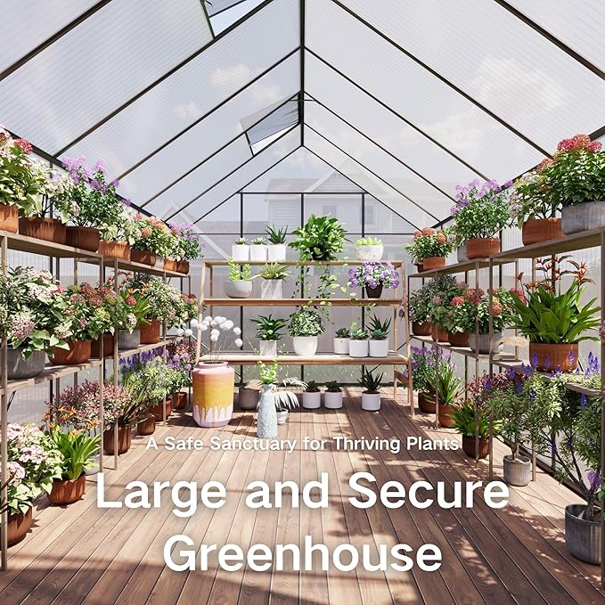 Kingdura 8x12ft Walk-in Greenhouse for Outdoors Large Polycarbonate Greenhouses with Heavy Duty Aluminum Frame Adjustable Roof Vent Lockable Door UV Protection for Outside Garden Backyard