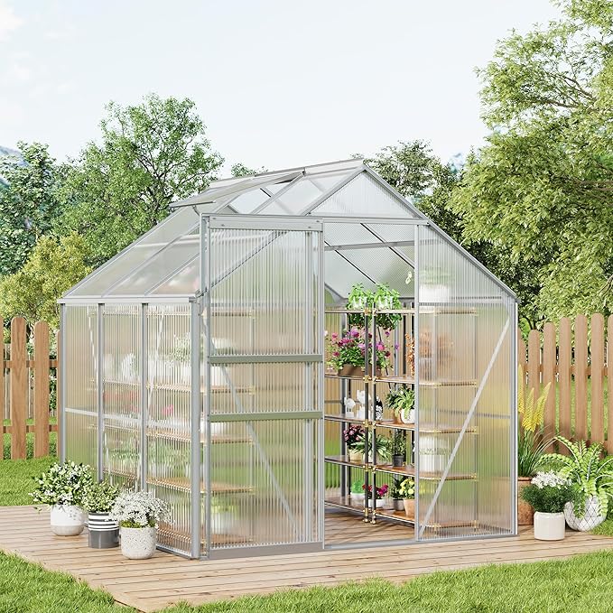 GarveeHome 6x6 FT Walk-in Greenhouse Large Polycarbonate Green House with Sliding Door &amp Adjustable Roof Vent Heavy-Duty Weatherproof Outdoor Greenhouse for Patio Backyard Garden