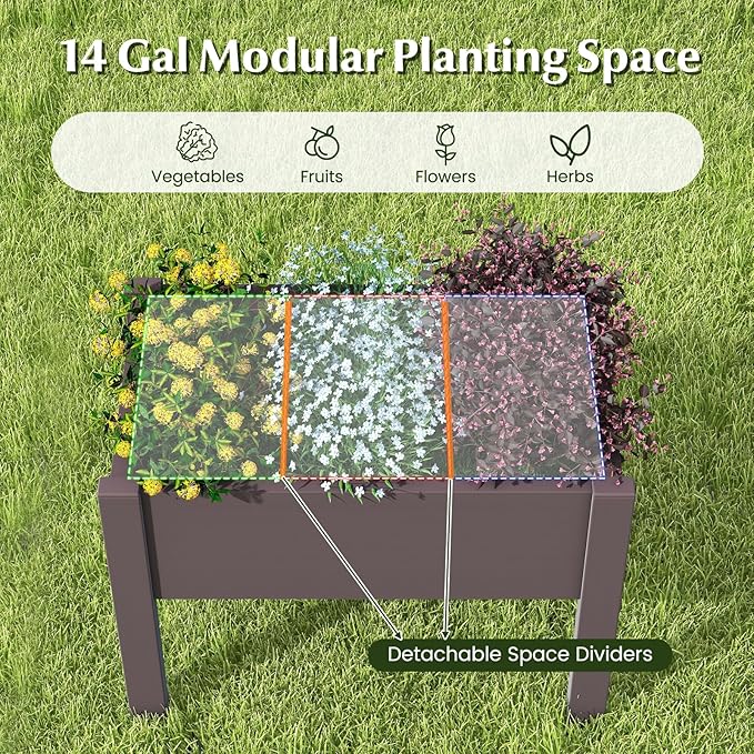 Giantex Raised Garden Bed with Legs Self-Watering Planter Box with Water Level Indicator Drainage Hole &amp Detachable Space Dividers Outdoor Plant Container for Flower Vegetable Fruit Herb (Br