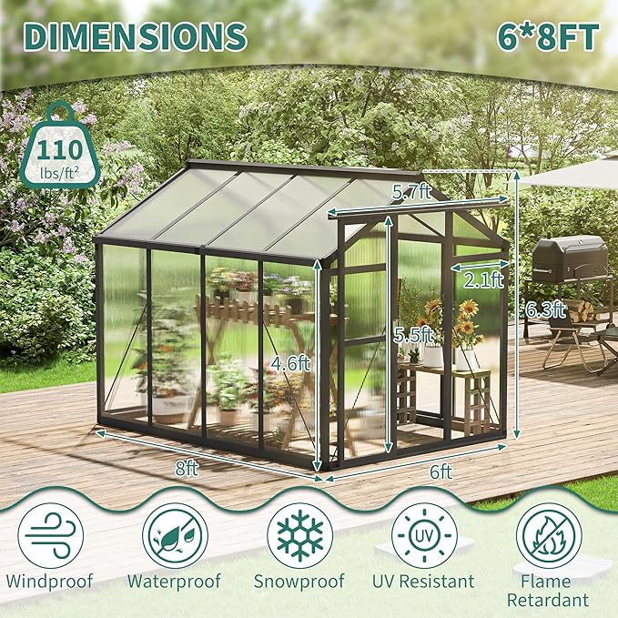 6x8 FT Greenhouse Polycarbonate Walk-in Greenhouse for Outdoors with Roof Vent &amp Lockable Smooth-Gliding Sliding Door Heavy-Duty Aluminum Green House for Garden Backyard Patio Lawn Dark Grey