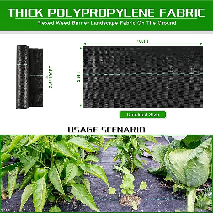 Weed Barrier Landscape Fabric Heavy Duty 2.6FT x 100FT Thicken Garden Blocker Fabric Weed Mats Weed Control Garden Cloth Woven Geotextile Fabric for Garden Beds Underlayment Commercial Driveway