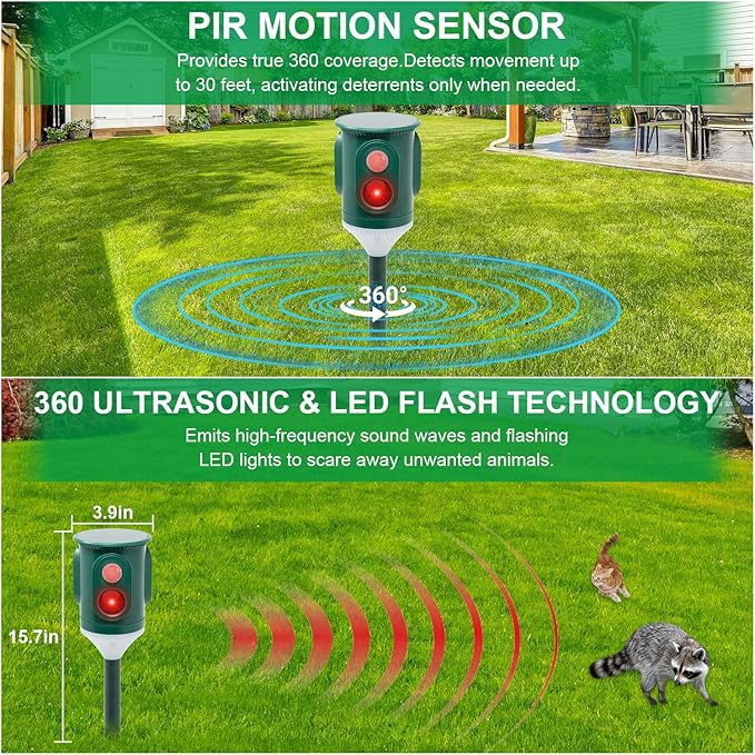 Solar Ultrasonic Animal Repellent Outdoor 360° Motion Activated Pest Deterrent with Strobe Light Waterproof Garden Protection for Cats Dogs Squirrels RaccoonsSkunks Rabbits Coyotes