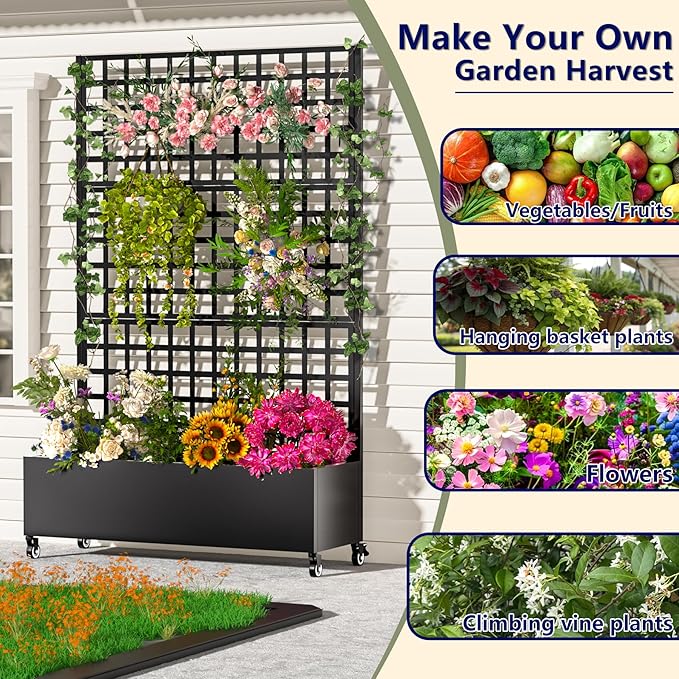 Metal Planter Box with Trellis72x47x16Galvanized Steel Outdoor Raised Garden Bed with Privacy Screenwith Drainage Holes &amp Lockable Casters for Climbing PlantsVinesand Vegetables(Grid-Black)