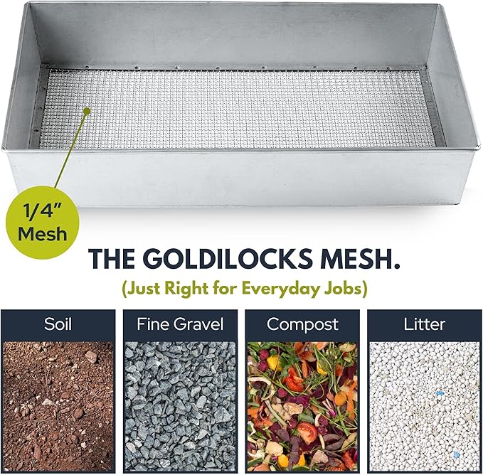 Soil Sifter Wide Size (17.5 x 11.5 inches) with 1/4-inch Mesh Garden Sieve for Dirt Sand Rocks and Compost
