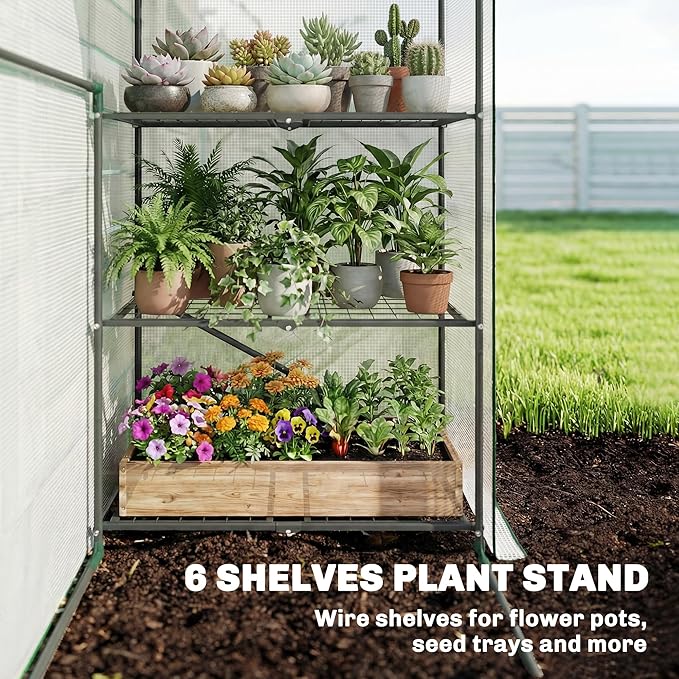 Outsunny 4.7' x 2.3' x 6.2' Small Greenhouse for Outdoors 3 Tiers 6 Shelves Portable Greenhouse with UV-Resistant PE Cover Walk-in Green House with Roll-Up Door White