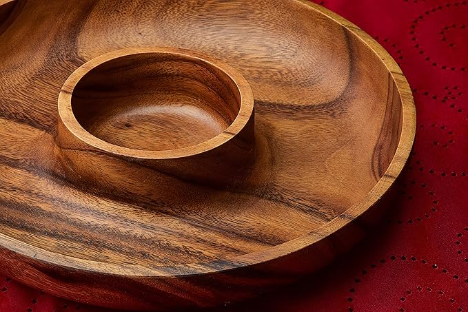 Handcracfted Acacia Wood Chip and Dip Specialty Salsa Bowl Plate Tray 10' D x 1.5 Thick