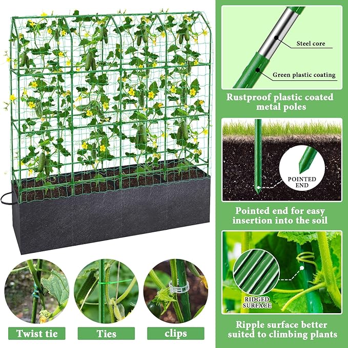 66x65x18 Inch Cucumber Trellis for Raised Bed - with 61 Gallon Grow Bags Garden Trellis for Climbing Plants Outdoor with Climbing Net and Plant Support for Cucumber Tomato Vegetable Grape Vine