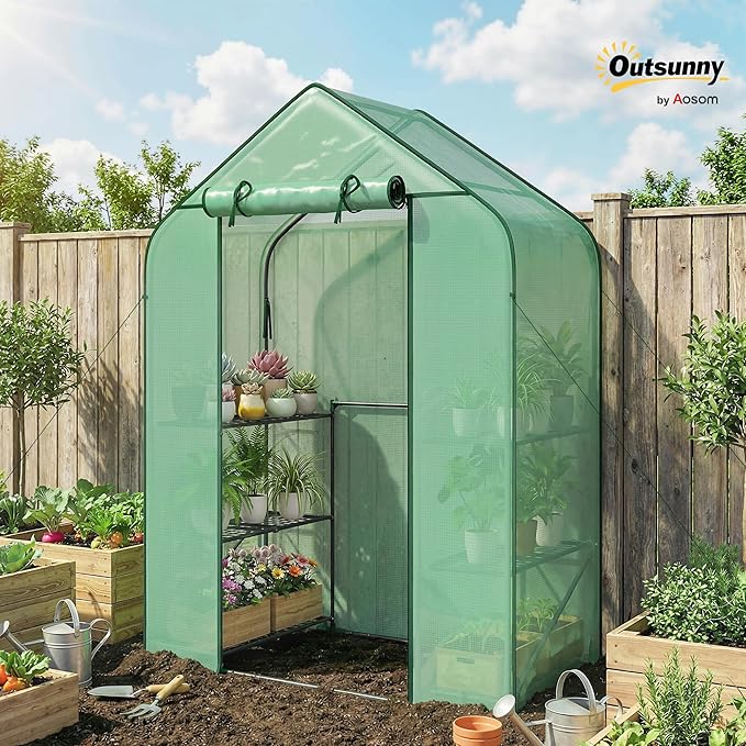 Outsunny 4.7' x 2.3' x 6.2' Small Greenhouse for Outdoors 3 Tiers 6 Shelves Portable Greenhouse with UV-Resistant PE Cover Walk-in Green House with Roll-Up Door Green