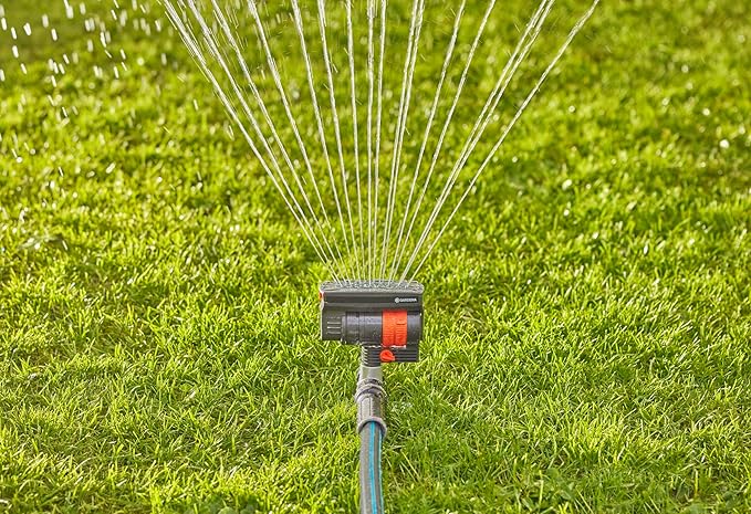 GARDENA 20575 | Up to 2300 sq ft - ZoomMaxx Adjustable Oscillating Sprinkler on Metal Step Spike for Watering Large Area Lawn with US Hose Threads Yard and Garden. Gardena Quick Connects