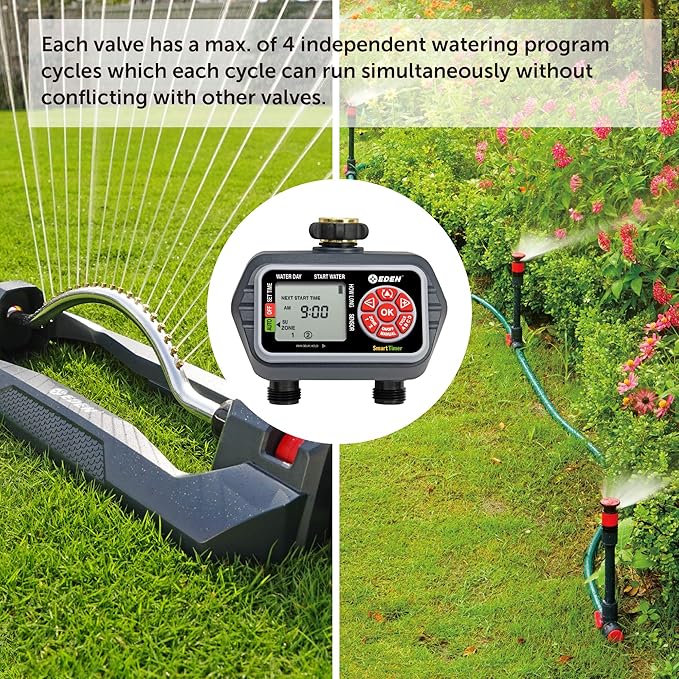 Eden 93412 Programmable Digital Water Timer 2-Zone Compatible with Wireless Soil Moisture Sensor