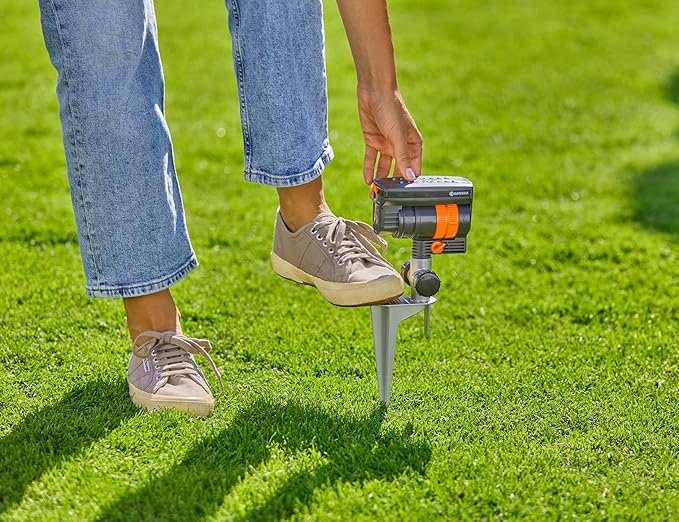 GARDENA 20575 | Up to 2300 sq ft - ZoomMaxx Adjustable Oscillating Sprinkler on Metal Step Spike for Watering Large Area Lawn with US Hose Threads Yard and Garden. Gardena Quick Connects