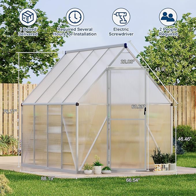 6X7 ft Polycarbonate Greenhouse with Aluminum Frame Polycarbonate Greenhouse for Outdoors Greenhouses with Ventilation Aluminum Large Walk-in Greenhouses for Outside