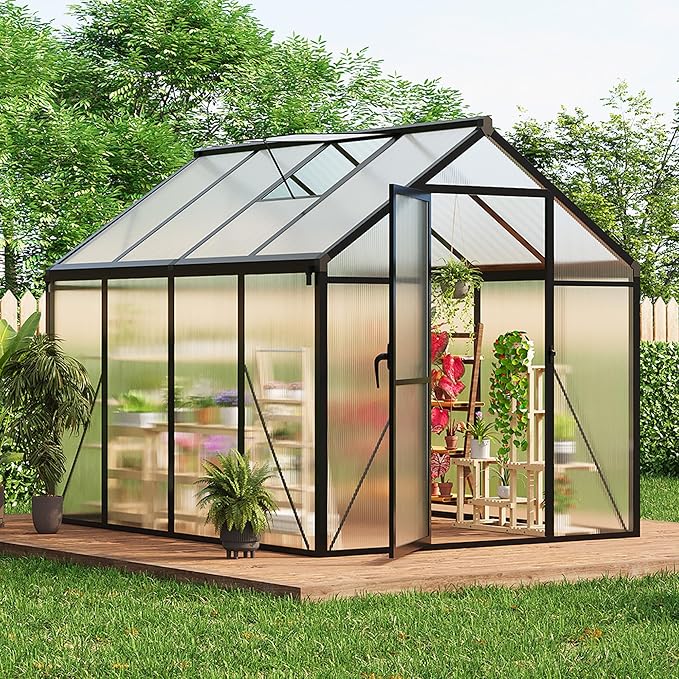 6x8 FT Greenhouse for Outdoors Polycarbonate Greenhouse with Roof Vent Ground Nails Lockable Push Door Aluminum Large Walk-in Green House for Outside Garden Backyard Patio Lawn Black
