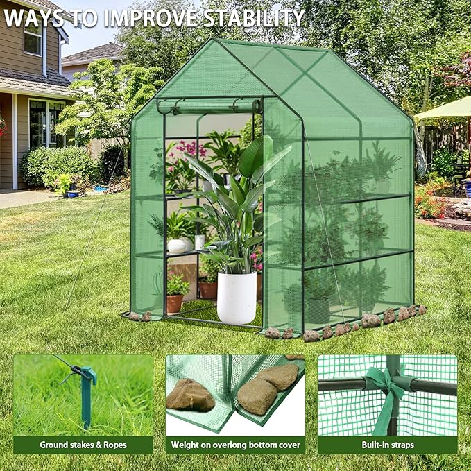 Greenhouse 56 x 56 x 76'' Heavy Duty Greenhouses for Outdoors Green House with Roll-Up Door Thicken PE Cover Portable Walk-in Green Houses for Outside with 3 Tier 8 Shelves