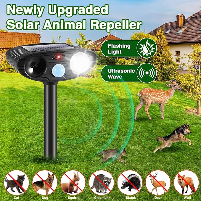 4Pack Ultrasonic Raccoon Repellent Outdoor Solar Animal Repellent with Motion Sensor&ampStrobe Light Cat Deterrent Outdoor Deer Repellent Device to Scare Skunk Squirrel Rabbit Repellent for Yard