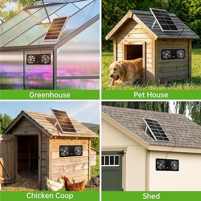 Solar Fan for Chicken Coop ropelux Solar Powered Dual Exhaust Fans with 12000mAh Battery &amp 2 Timers 24/7 Strong Airflow Cooling Ventilation for Greenhouses Dog Houses Attics Sheds Cabins