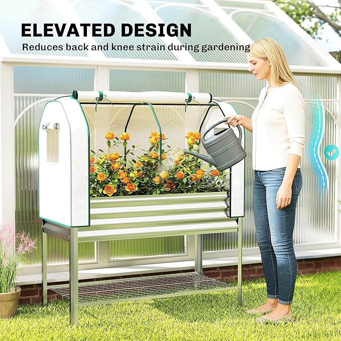 Outsunny Galvanised Raised Garden Bed with Greenhouse Cover Metal Elevated Garden Bed with Legs Bed Liner and Bottom Shelf Outdoor Raised Planter Box for Vegetables Herbs Flowers Silver