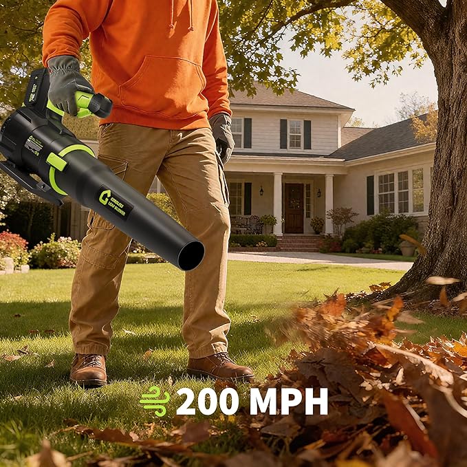 Electric Leaf Blower - 650CFM &amp 200MPH Leaf Blower Cordless with 20V 4.0Ah Battery and Charger Variable Speed Powered Leaf Blowers for Lawn Care Blowing Leaves Dust Snow - Green