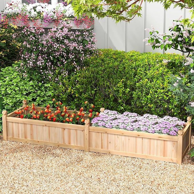 Giantex Wood Raised Garden Bed Planting Bed with Corner Drainage Non-Woven Liner for Growing Vegetables Flowers Herbs Fruits 89”x23.5”x16” Divisible Planter Box for Backyard Garden Lawn