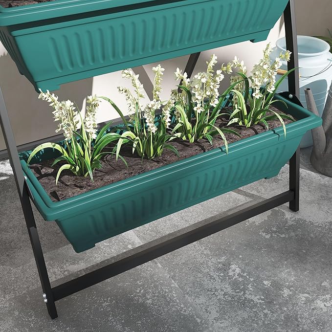 Raised Garden Bed 4 Tier Vertical Garden Planter Set 4 Outdoor Planter Boxes with Stand Self Draining Design Elevated Garden for Vegetable Flowers &amp Herbs Green