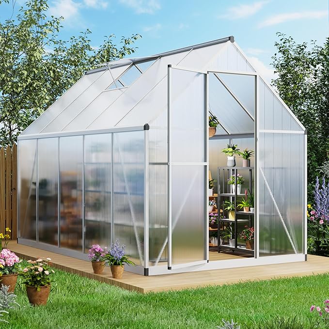 6’ x 9’ Greenhouse for Outdoors Windproof Robust Aluminum Walk-in Greenhouse with Roof Vent Window for Garden Backyards Plants Easy Assembly Silver