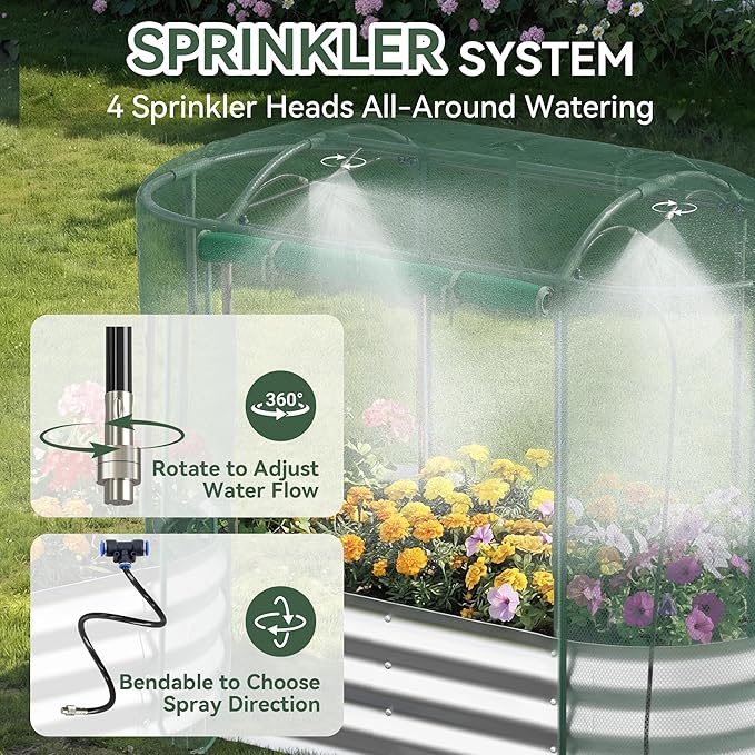 Raised Garden Bed with Self-Watering System 4x2x1 ft Elevated Planter Boxes Outdoor with Mesh Cover Oval Galvanized Raised Beds for GardeningVegetablesFlowers Backyard Patio