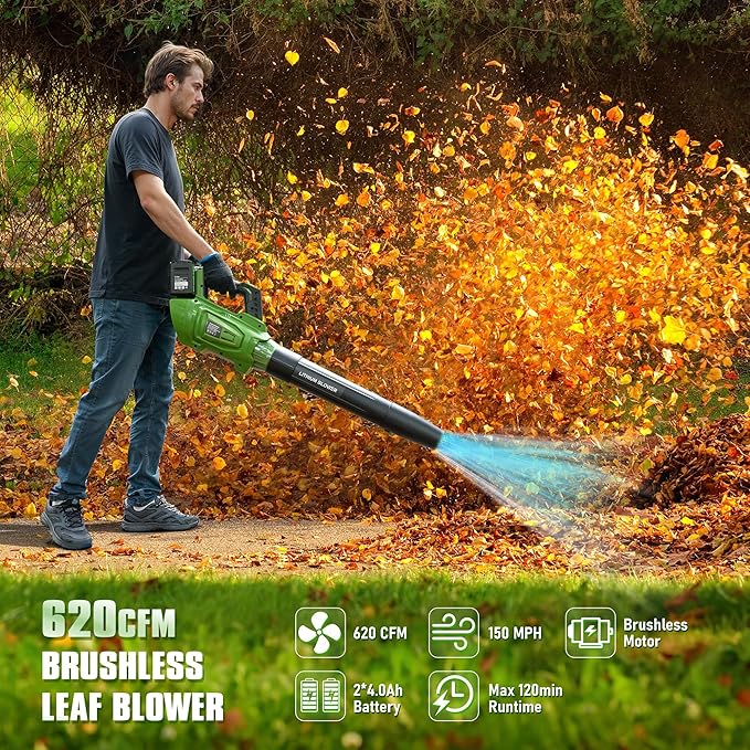 Brushless Leaf Blower Cordless 40V 620CFM Leaf Blower with 2 × 4.0Ah Battery and Charger 5 Speed Modes Powerful blowers for Lawn Care Patio Blowing Leaves Dust Snow Green