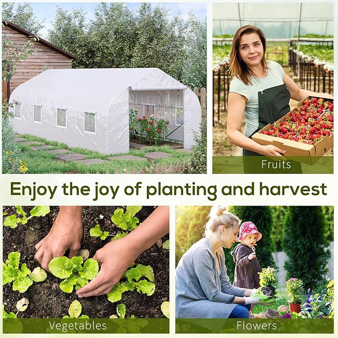 Outsunny 20' x 10' x 7' Tunnel Greenhouse Large Walk-in Warm House Deluxe High GardenHot House with 8 Roll Up Windows &amp Roll Up Door Steel Frame White