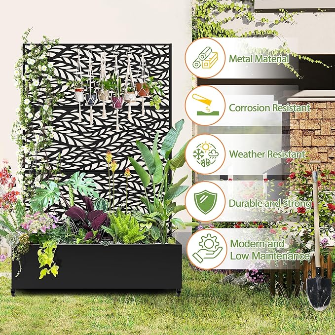 Raised Garden Bed with Trellis and Wheels73x47x16 Metal Raised Garden BedBlack Flowing Leaf Metal Planter with Climbing Trellis for Vines &amp Vegetables