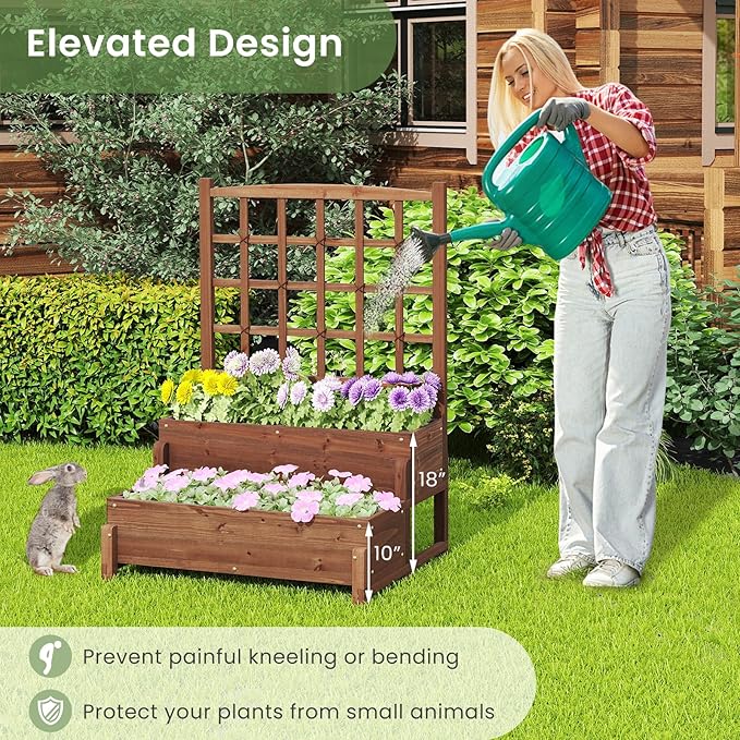 HAPPYGRILL Raised Garden Bed with Trellis Drainage Holes 2-Tier Wooden Elevated Planter Box w/Legs for Climbing Plants Vine Flower Herb Vegetable Fruit Outdoor Garden Box for Patio Balcony (2)
