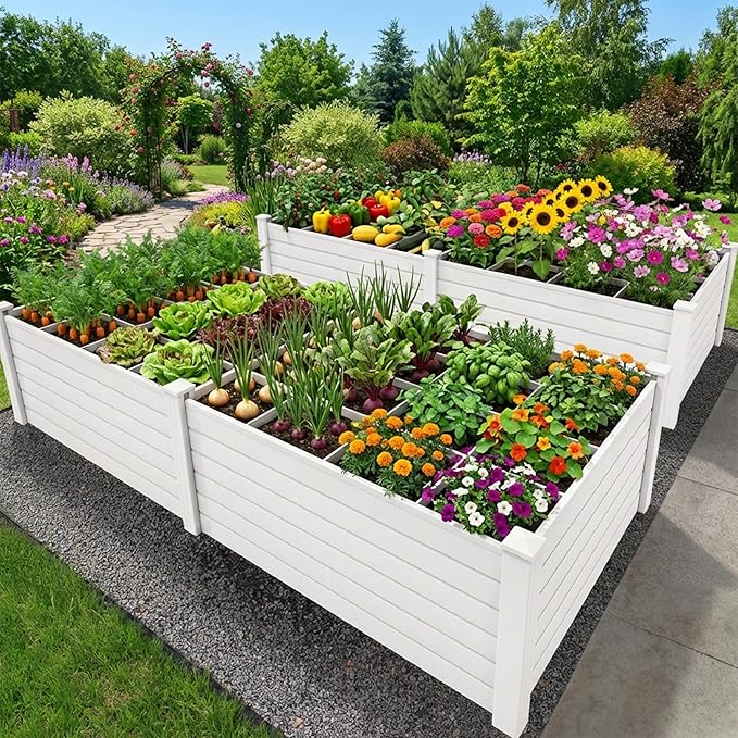 DWVO 4 x 4 x 2 FT Raised Garden Bed Outdoor Vinyl Flower Bed with Growth Grid Large Plastic Planter Box for Vegetables Flowers Herbs Fruits White