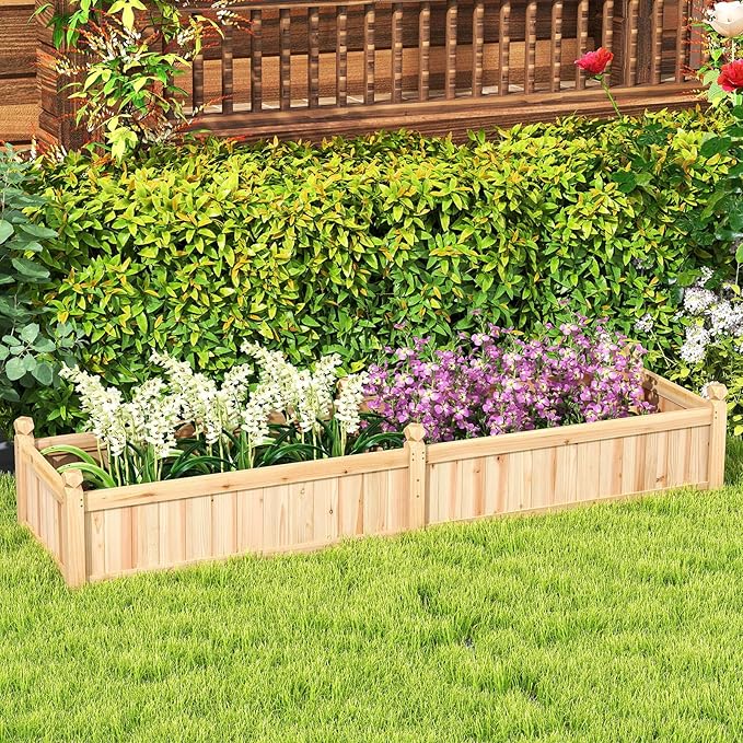 Giantex Wood Raised Garden Bed Planting Bed with Corner Drainage Non-Woven Liner for Growing Vegetables Flowers Herbs Fruits 89”x23.5”x16” Divisible Planter Box for Backyard Garden Lawn