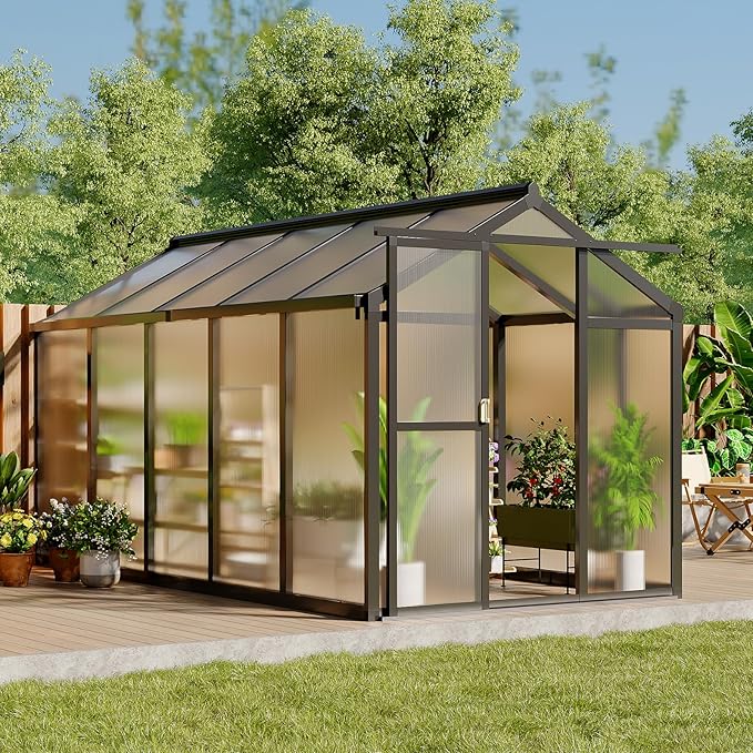6X10 FT Greenhouse Polycarbonate Garden Greenhouse for OutdoorsAluminum Frame Green House with Lockable Door and Adjustable Roof Vent Ideal for Backyard Patio and Outside Growing