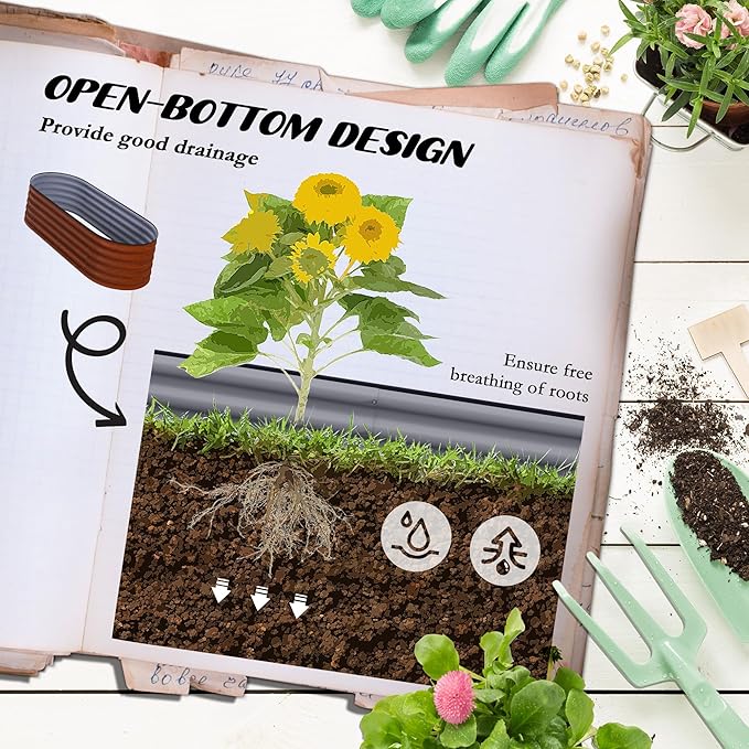 5' x 2' x 1.4' Galvanized Raised Garden Bed Kit Outdoor Metal Elevated Planter Box with Safety Edging Easy DIY Stock Tank for Growing Flowers Herbs Vegetables Brown