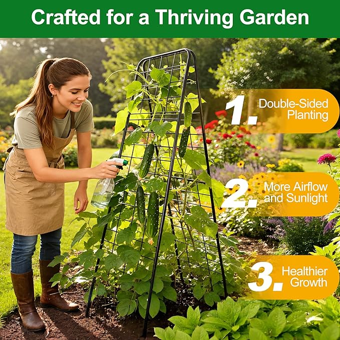 WAENLIR 63x17inch Cucumber Trellis Tomato cage with Dense Steel Grid–A-Frame Heavy Duty Metal Trellis for Raised Beds Cattle Panels for Garden Trellis for Climbing Plants Outdoor (Black 63x17inch)