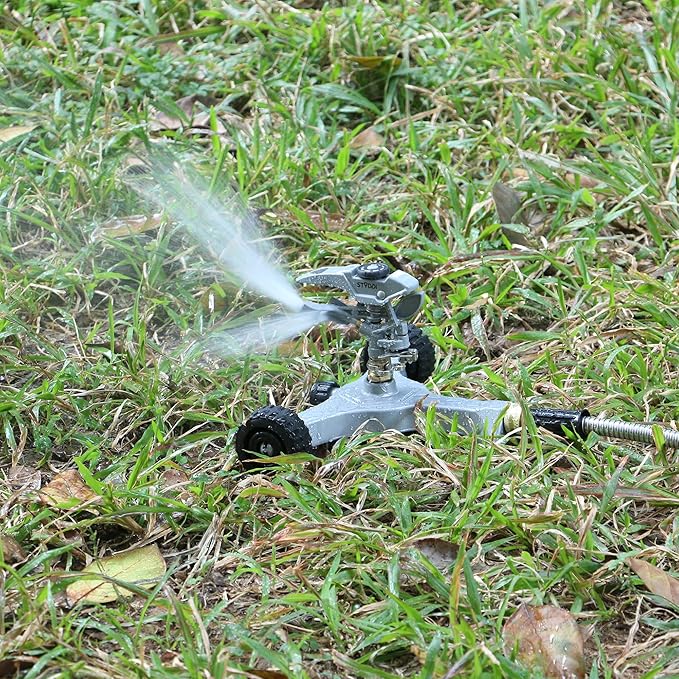 STYDDI Metal Pulsating Sprinkler on in-Series Metal Wheeled Base Adjustable Circular Water Sprinkler for Medium to Large Circular Lawn Yard Garden and Large Areas Coverage up to 6360 Sq. ft