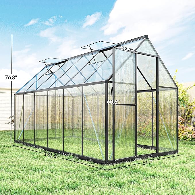 Outsunny 11x6 ft Polycarbonate Greenhouse with Swing Door and Two Adjustable Roof Vents Aluminum Walk-in Greenhouse Outdoor Greenhouse for Patio Garden Backyard Black