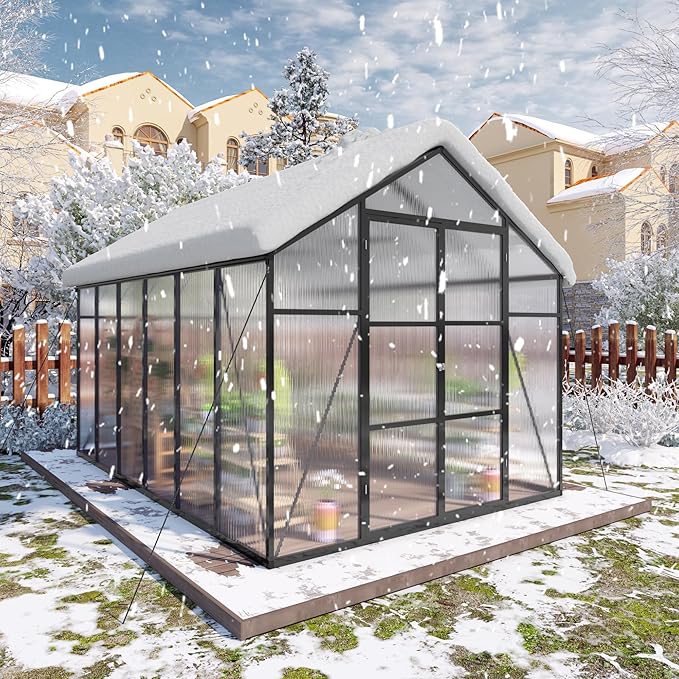 Greenhouse for Outdoors 8x12x7.8FT Polycarbonate Greenhouse with Stronger Wind Protection and Roof Vent Walk-in Large Aluminum Sunroom Winter Proof Black
