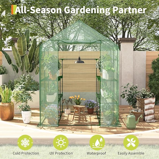 57x57x77 Inch Greenhouse for OutdoorPortable Walk in Greenhouses with Thicken PE CoverDurable Green House Kit with Window Vent 3 Tier 12 Shelves for Indoor Backyard Outside