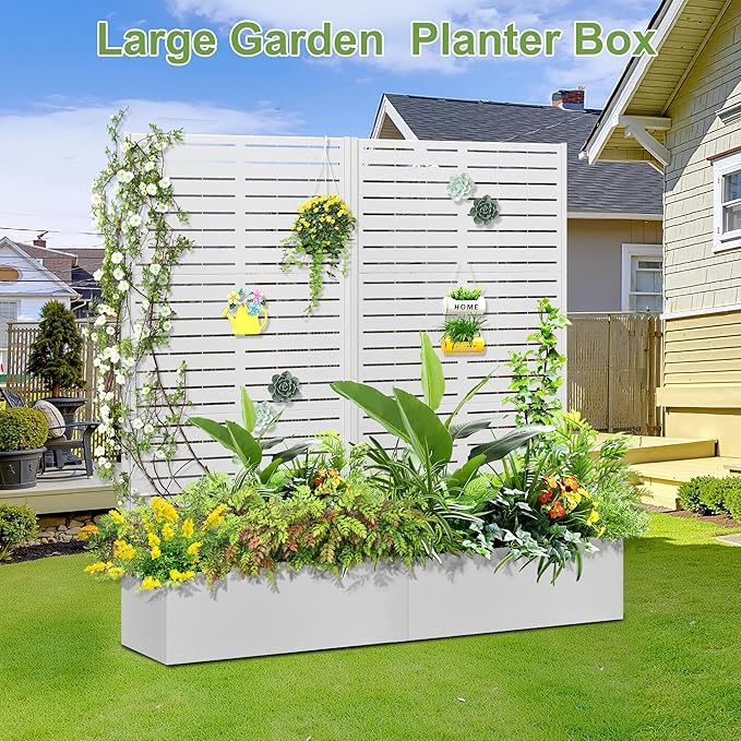 Trellis for Climbing Plants OutdoorMental Garden Bed with Drainage Holes Outdoor Privacy Screen Design Tall planters for herb Flower Vegetables 73x35x16 White-Louvered