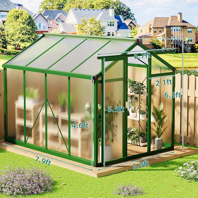 6x8 FT Greenhouse - Large Aluminum Greenhouses for Outdoors Heavy Duty Polycarbonate Greenhouse with Roof Vent&ampGround Nails Walk-in Green Houses for Garden Backyard Patio Easy Assembly