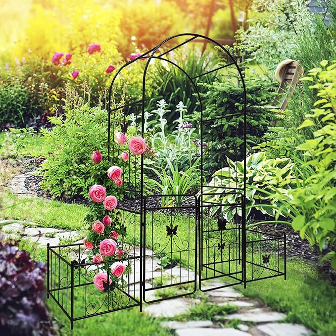86''H Metal Garden Arch Rustproof Garden Arbor Trellis with Two Plants Stand and Gate 0.63'' Dia Galvanized Tube Plant Trellis for Climbing Plants Rose Jasmine (Black)