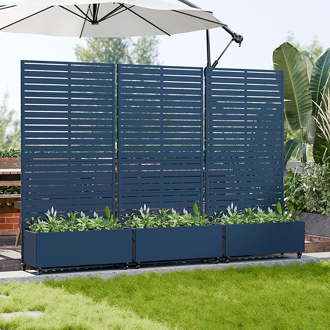 Casaphoria Metal Raised Garden Bed with Trellis and Wheels 72x35x16 Planter Box for Climbing Plants Vegetables &amp Vines Features Drainage Holes and Privacy Screen Blue-Louvered