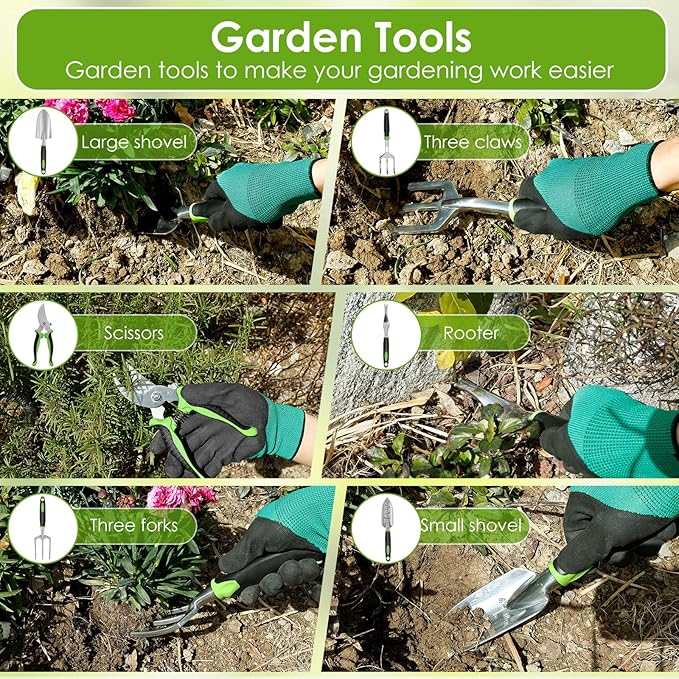 8 PCS Gardening Tool Set Solid Stainless Steel Gardening Tools Convenient Gardening Hand Tools Kit with Bag and Glove Anti-Slip Garden Tool Set for Outdoor Garden