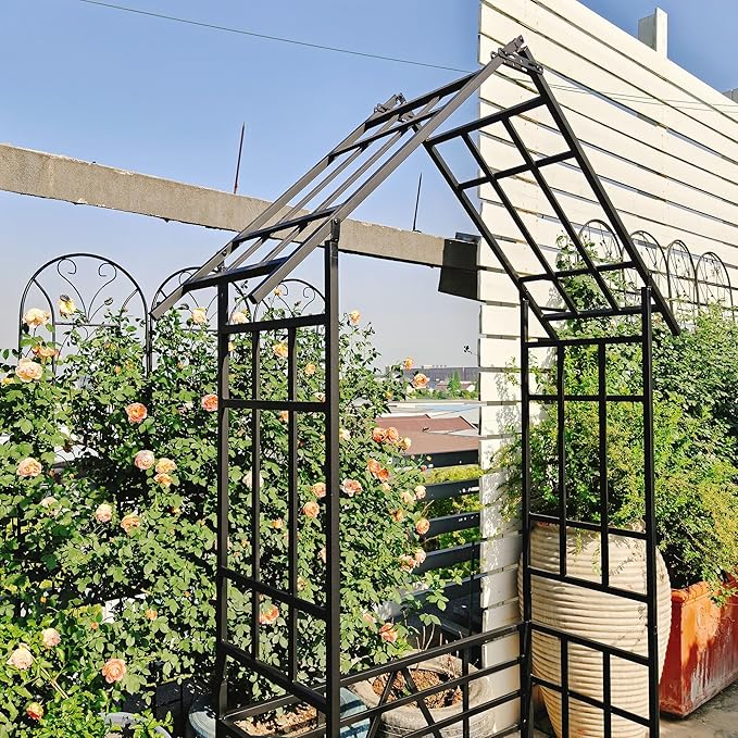Metal Garden Arch Trellis for Climbing Plants Outdoor Rose Arbor with Bench Turned into Flower Stand Ceremony Decoration Archway with Planter for Wedding Events Lawn Patio Decor