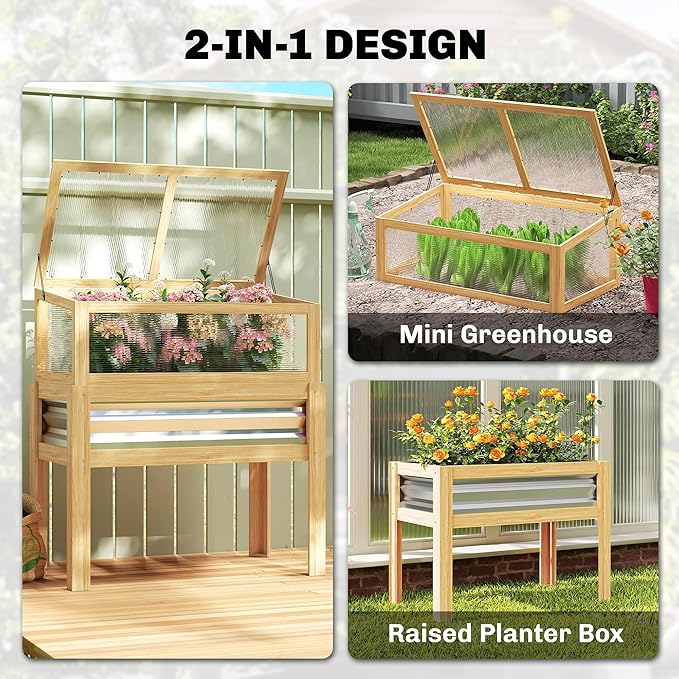 Outsunny Wooden Raised Garden Bed with Detachable Greenhouse Top Raised Garden Bed with Legs and Bed Liner Elevated Planter Box for Flowers Vegetables Herbs Natural