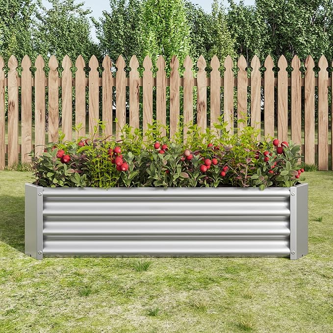Metal Raised Garden Bed Rectangle Raised Planter 4×2×1ft for Flowers Plants Vegetables Herb Silver