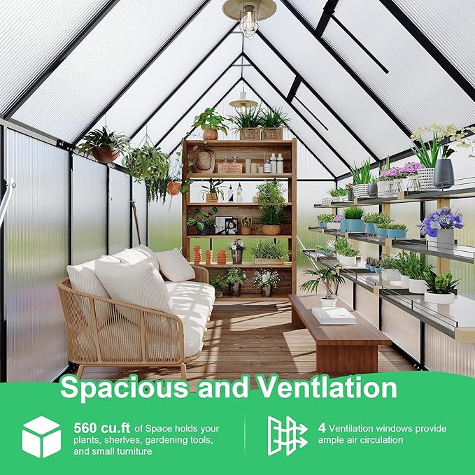 6×9FT Greenhouses for Outdoors Aluminum Polycarbonate Greenhouses with Roof Vent - Heavy-Duty Walk-in Green Houses for All-Season Backyard Gardening