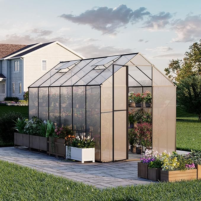 Kingdura 6x12ft Walk-in Greenhouse for Outdoors Large Polycarbonate Greenhouses with Heavy Duty Aluminum Frame Adjustable Roof Vent Lockable Door UV Protection for Outside Garden Backyard